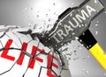 Trauma and destruction of health and life - symbolized by word Trauma and a hammer to show negative aspect of Trauma, 3d