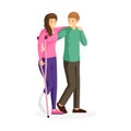 Trauma, injury rehabilitation flat vector illustration. Happy young couple, smiling man and woman with broken leg Royalty Free Stock Photo
