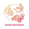 Traumatic injury mechanism concept icon. Household appliance burn and road accident, snakebite and motorcycle trauma