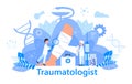 Traumatologist concept vector for landing page, banner. The surgeon puts a cast on the lower leg. Tiny doctors treat rheumatism,