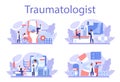 Traumatologist and trauma surgery doctor set. Injured limb, broken bone