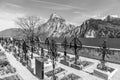 Old cemetery at the church yard with mountain view