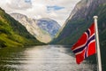 Traval on Large Cruise ship from the port of Flam to Stavanger, in sunny summer day, Norway.