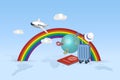 Trave concept. Airplane flying over rainbow with luggage and passport. Traveling by airplane to explore world. 3D realistic vector