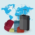 Trave lsuitcases with world map on blue background