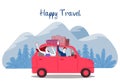 Happy couple traveling in a car, vector illustration with layers.