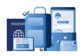 Travel accessories. Blue luggage, laptop, passport and smartphone with travel application