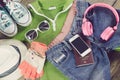 Travel accessories, clothes Wallet, glasses, phone headset, shoes hat, Ready for travel. Royalty Free Stock Photo