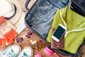 Travel accessories, clothes Wallet, glasses, phone headset, shoes hat, Ready for travel. Royalty Free Stock Photo