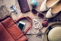 Travel accessories costumes. Passports, smart phone, accessories prepared for the trip.