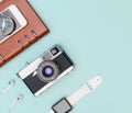 Travel accessories objects gadgets top view flatlay on blue pastel Royalty Free Stock Photo