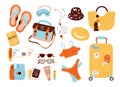 Travel accessories. Summer vacation equipment, things for flight, beach holidays items. ID documents, tickets, bikinis