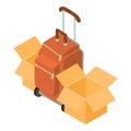 Travel accessory icon isometric vector. Suitcase on wheel and open cardboard box