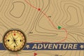 Travel. Adventure and azimuth compass and map. The background of the route on the contour map. Tourism and travel symbol
