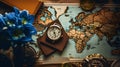 Travel and adventure concept. Vintage suitcase, map, compass, globe and notebook on wooden table. with copy space Royalty Free Stock Photo