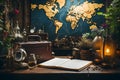 Travel and adventure concept. Vintage suitcase, map, compass, globe and notebook on wooden table. with copy space Royalty Free Stock Photo