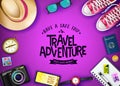 Travel Adventure Have A Safe Trip Enjoy Every Moment Message with Realistic Travel Items