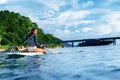 Travel Adventure. Woman Paddling On Surfing Board. Recreation, W Royalty Free Stock Photo