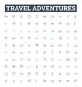 Travel adventures vector line icons set. Travel, Adventures, Exploring, Touring, Trekking, Cruising, Hiking illustration