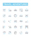 Travel adventures vector line icons set. Travel, Adventures, Exploring, Touring, Trekking, Cruising, Hiking illustration