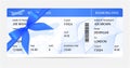 Boarding pass ticket, traveler check template with gift bow, aircraft airplane or plane silhouette on background
