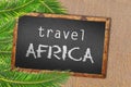 Travel Africa palm trees and blackboard on sandy beach