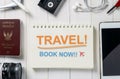 Travel Agency booking Banner with text Travel Book Now on book page. Royalty Free Stock Photo