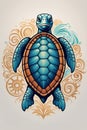 Travel agency design logo of a sea turtle as a central figure, symbol slow travel and exploration, animal art