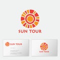 Travel agency logo. Sun Tour tourism agency emblem. The sun, like mosaic, and letters.