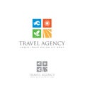 Travel agency logo. Tourism icon. Sea, sun, forest and road emblem.