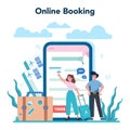 Travel agent online service or platform. Office worker selling tour