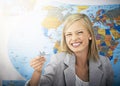 Travel agent portrait, airplane and happy woman, business agency employee or worker planning plane journey, trip or tour