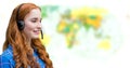 Travel agent woman wearing headset in front of world map Royalty Free Stock Photo