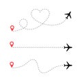 Travel Airplane route vector set. Romantic travel. Heart dashed line flight path