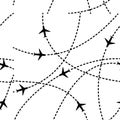 Travel airplane routes background. Seamless pattern vector illus