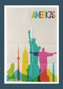 Travel Americas landmarks skyline vintage poster