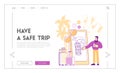 Travel Application Mobile Technologies Landing Page Template. Traveler Character Use Smartphone App to Search Route