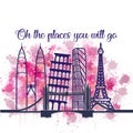 Travel and Architecture quotes- world tourism day popular landmarks watercolor doodle