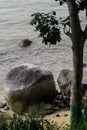 Travel around Asia. Seascape with palm trees and big stones on the beach of Phuket Island. Royalty Free Stock Photo