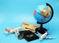 Travel around the globe with passport on airliner