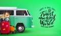 Travel Around the World Banner with 3D Realistic Travelling Van Car and Luggage Bag Royalty Free Stock Photo