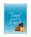 Travel around the world banner with hand drawn elements and realistic luggage