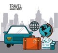 Travel around the world with car globe suitcase and ticket city Royalty Free Stock Photo