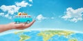 Travel around the world concept. Old blue van with luggage in hand Royalty Free Stock Photo