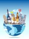 Travel around the world concept. Tourism with famous world landmarks. Vector Illustration. Globe with different touristic destinat