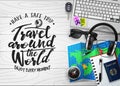 Travel Around the World 3D Realistic Banner Top View Travel Scene Generator in top of White Wood