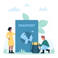 Travel around world with foreign passport and visas, tiny people holding baggage