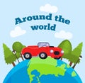 Travel around the world, global travelling, international tourism and travelling by car concept vector illustration. Car