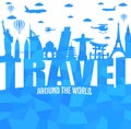 Travel Around the World Text with Famous Landmarks and Travel Objects in Abstract Royalty Free Stock Photo