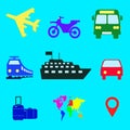 Travel around the world transport continent vectors, icons set.
